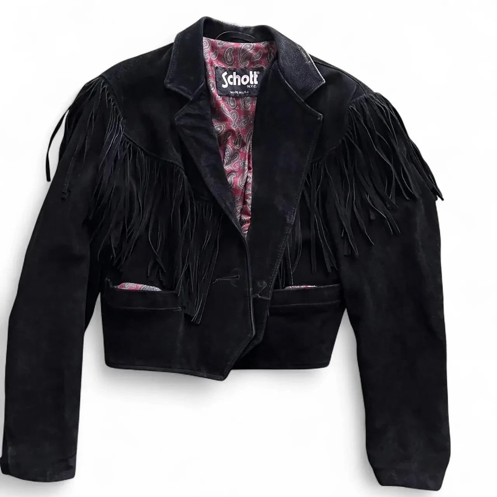 Vintage Schott Black Suede Fringe Western Jacket Size 14
